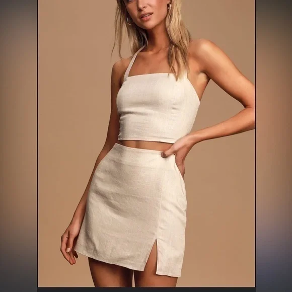 Lulus Double Digits Beige Linen Mini Skirt and halter top set - Picture 1 of 7